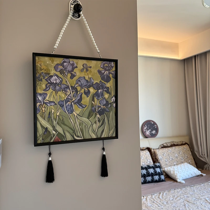 轻法式鸢尾花油画玄关过道走廊装饰画简约紫色花朵客厅餐厅挂画