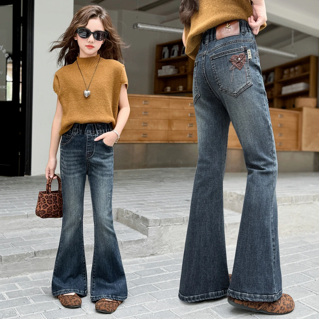 女童裤子牛仔喇叭裤春秋装新款中大童韩版洋气微喇裤秋季弹力裤潮