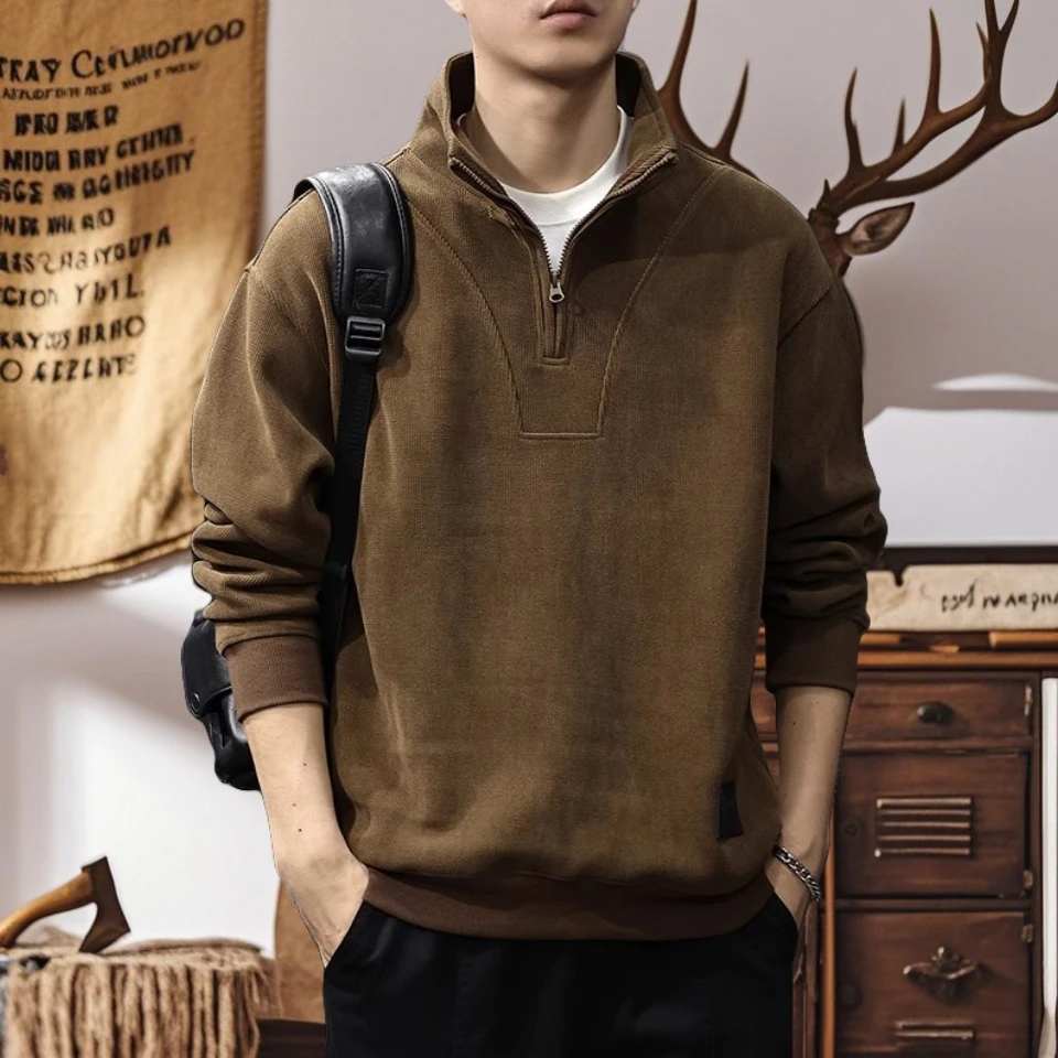 秋季新款重磅灯芯绒卫衣男秋冬加绒长袖polo衫男士半拉链立领上衣