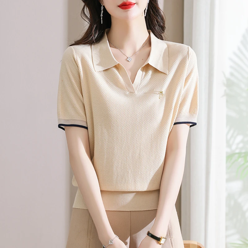品牌正品夏季新款短袖T恤女简约百搭刺绣针织宽松大码翻领上衣