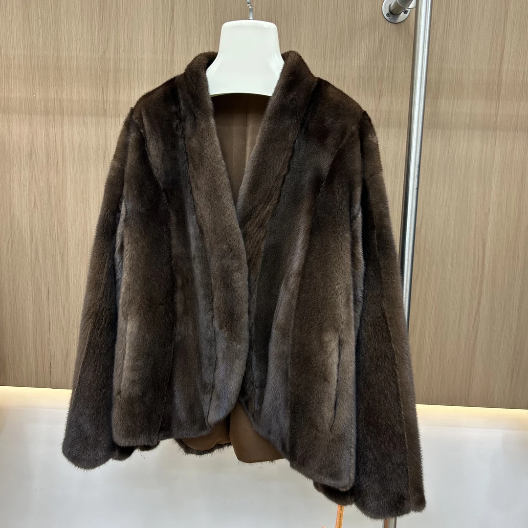 0264进口咖啡本色袖口花边v领时装短款紫金短二水貂外套