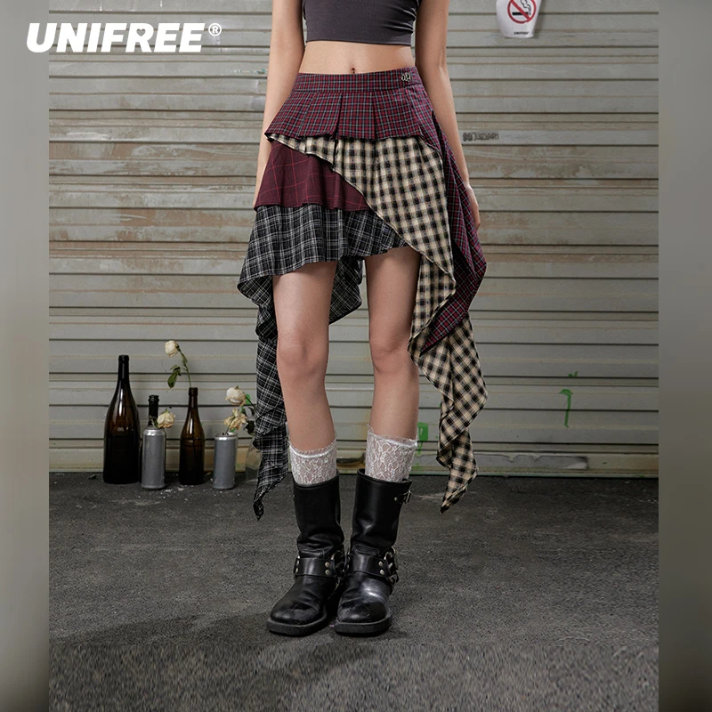 【25年春】格子不规则拼接半身裙美式复古朋克辣妹A字短裙