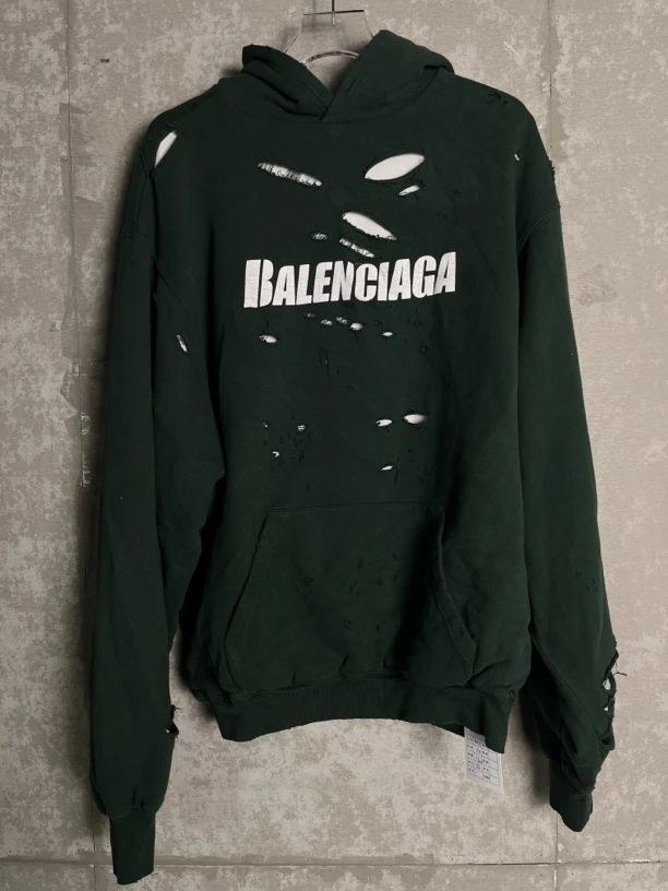 未使用 Balenciaga/巴黎世家 XXS*1/绿色破洞做旧破坏帽衫/08131