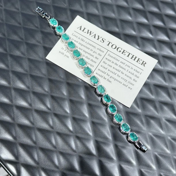 铜合金锆石手链 【t芙尼蓝椭圆冰花】湖水澄澄蓝浸心明锆石手链小众