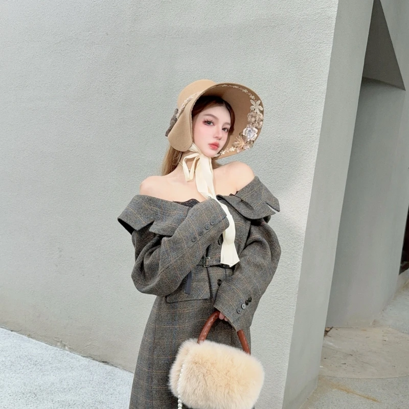 CREAMPP 设计师小众洛丽塔澳毛呢檐下花卉大檐礼帽法式复古发兜帽