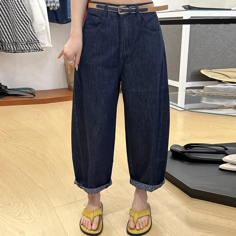 欧货深色高腰直筒九分牛仔裤夏季女薄款夏新款时尚复古休闲奶奶裤