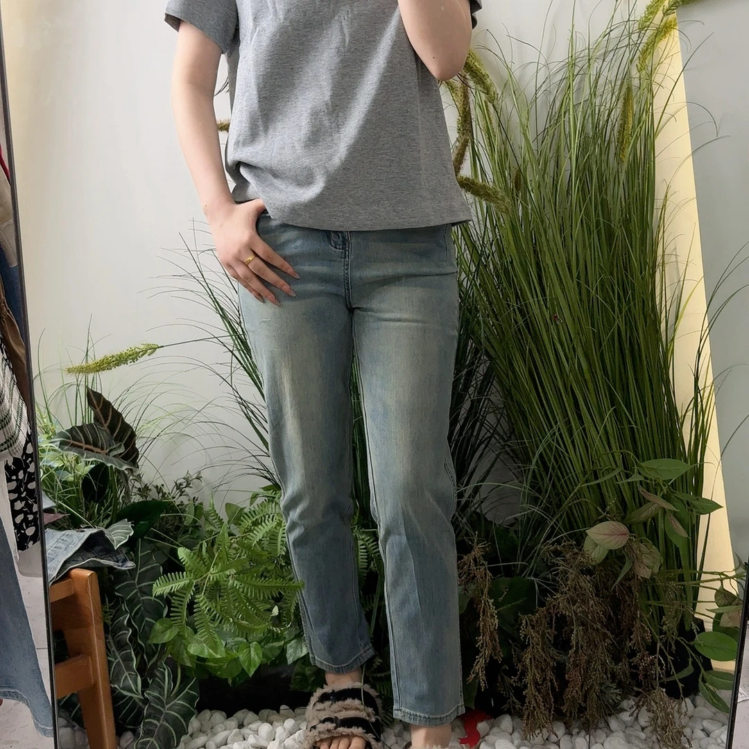 春夏九分裤高腰烟管裤蓝色百搭纯色牛仔裤宽松时尚舒适直筒裤