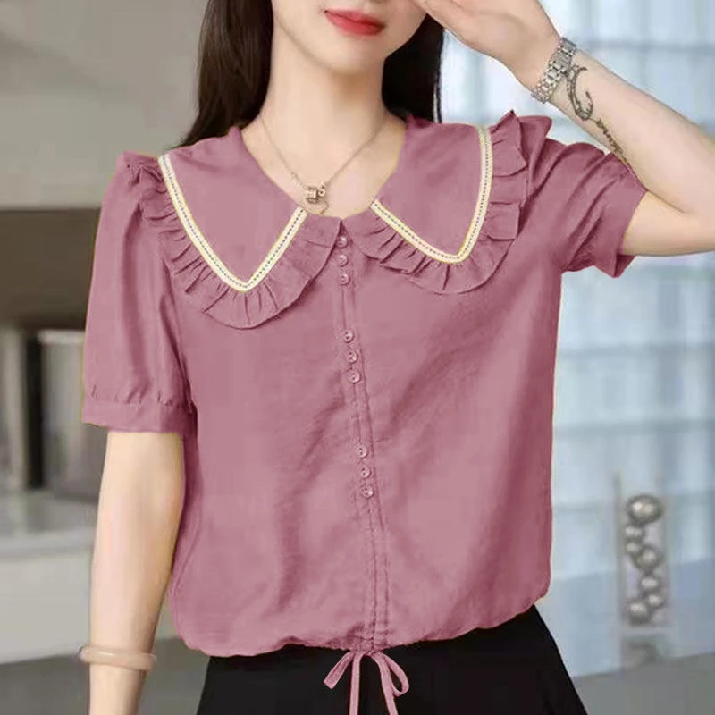 短袖雪纺娃娃领衬衫女春秋新款设计感小众宽松聚酯纤维上衣法式洋