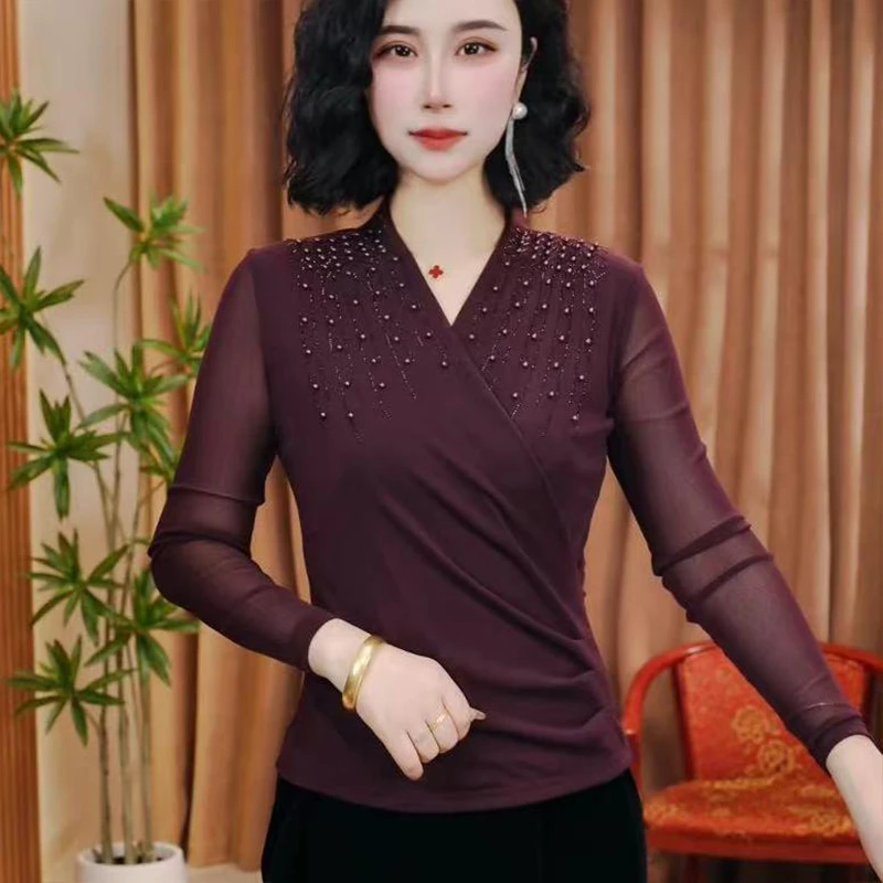 长袖网纱V领显瘦打底衫女洋气中老年女装C时尚新款休闲气质上衣女