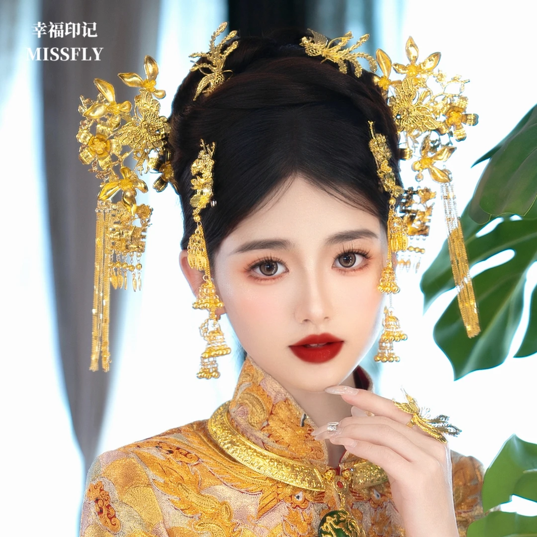 金色新娘配饰品风铃发夹凤凰发簪步摇秀禾龙凤褂旗袍晨袍头饰发饰