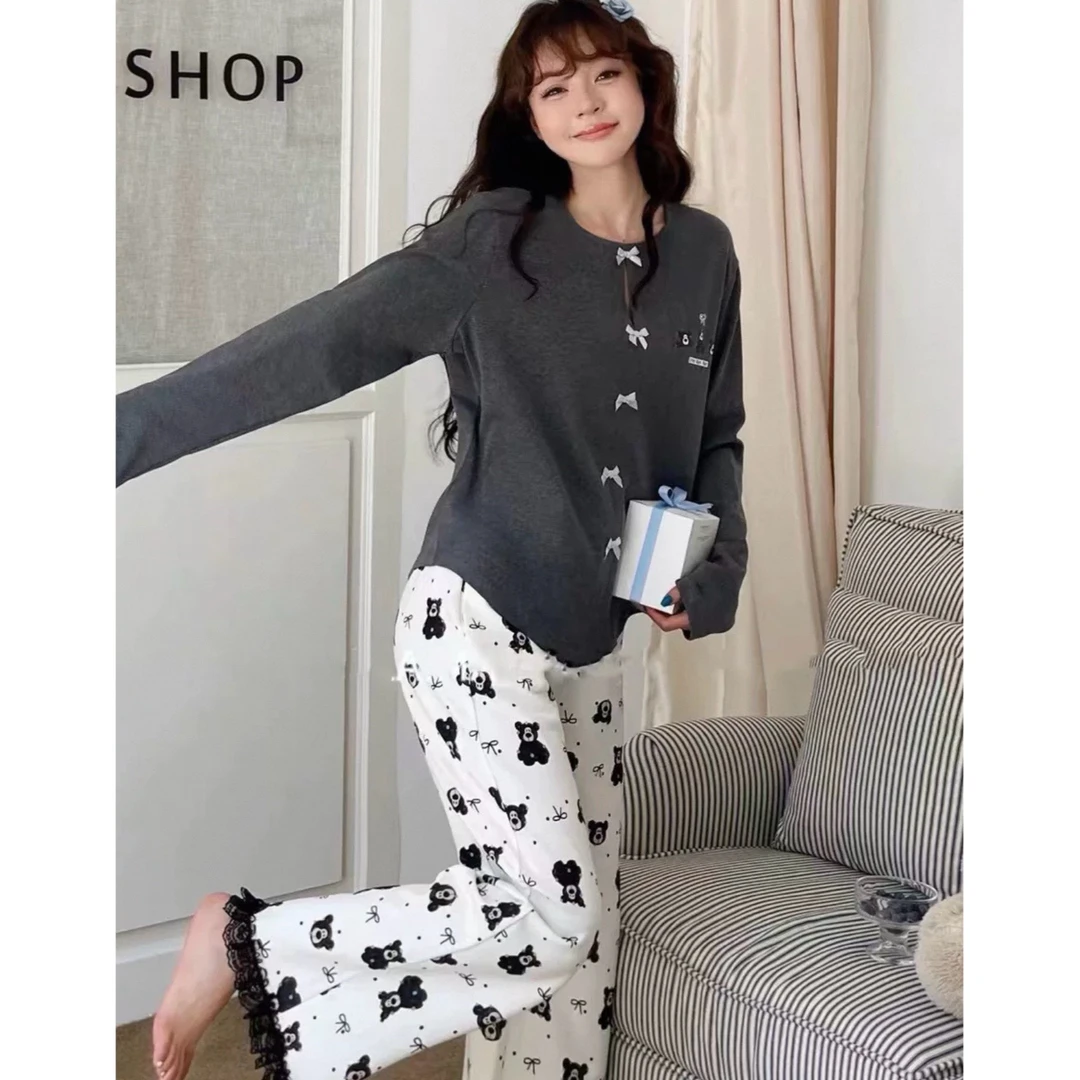 睡衣女冬季新款德绒长袖韩版甜美卡通家居服套装（蝴蝶波点熊）