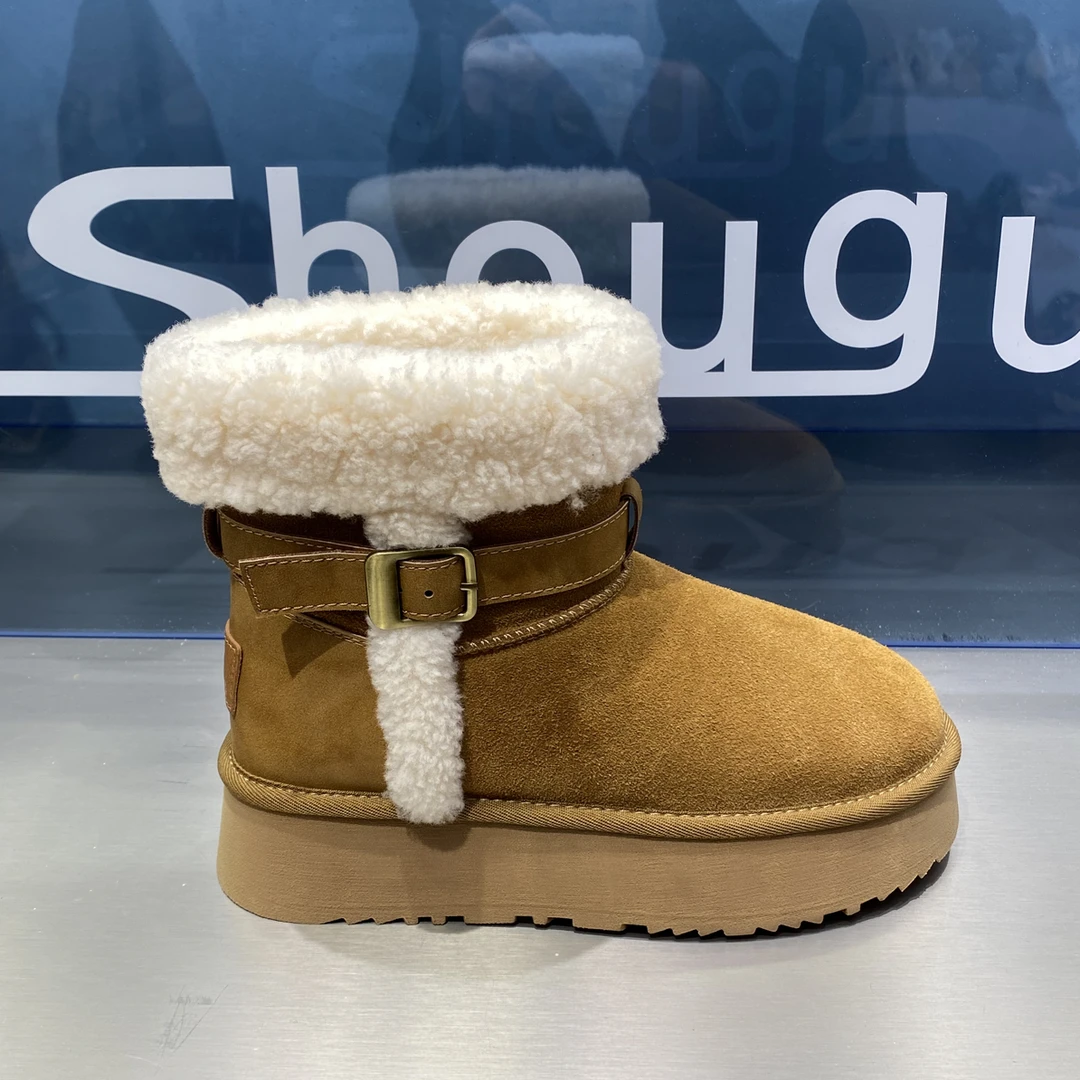 宁夫人家真皮加绒厚底防滑保暖短筒雪地靴冬季时尚百搭棉靴