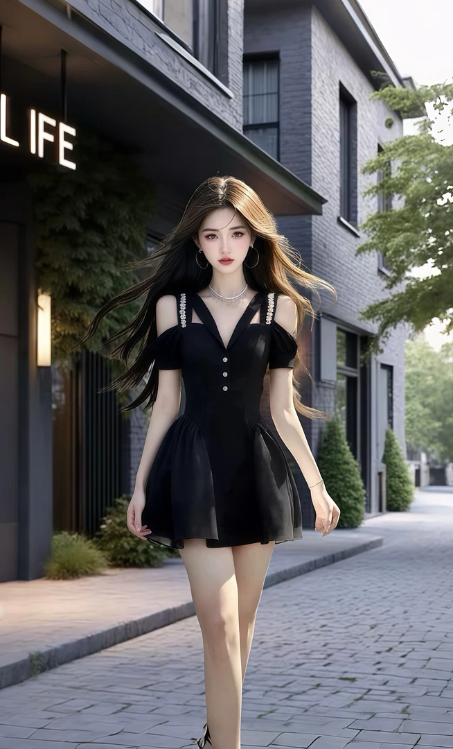 2025夏季新款黑色V领收腰露肩连衣裙女小众设计时尚高级气质显瘦