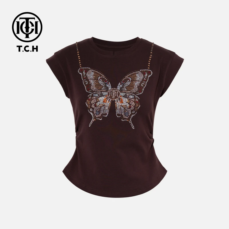 TCH轻奢烫钻工艺时尚设计感蝴蝶烫钻咖色T恤女T75B10E1042私服tch