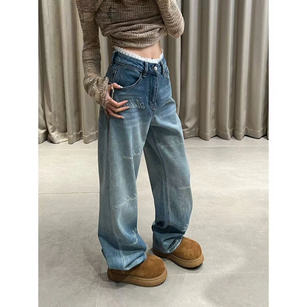 牛仔裤微弹力夏季做旧女烫钻设计感阔腿渐变长裤高腰
