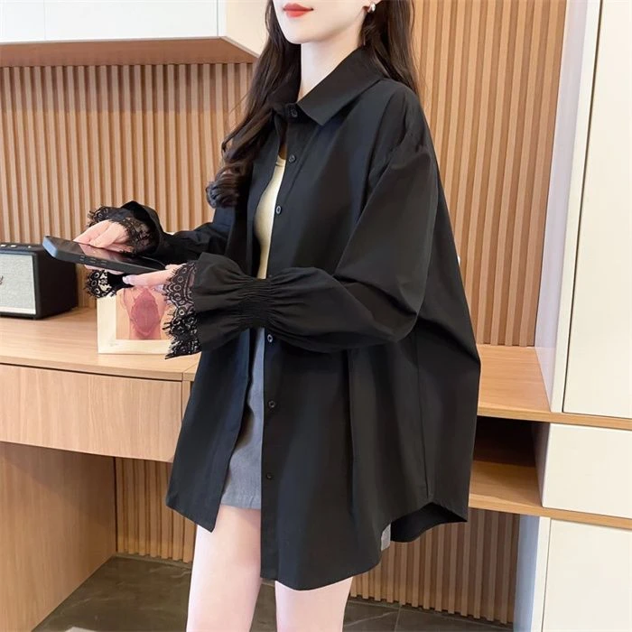 高级感法式蕾丝长袖黑色衬衫女春秋2025大码胖mm中长款设计感上衣