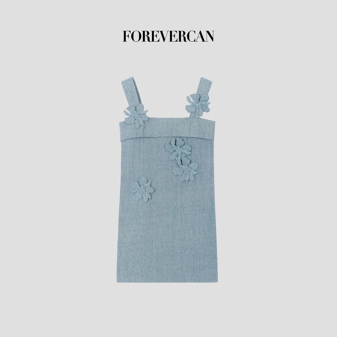 FOREVERCAN“丹宁派对”手工立体花卉吊带牛仔连衣裙 SD21655B