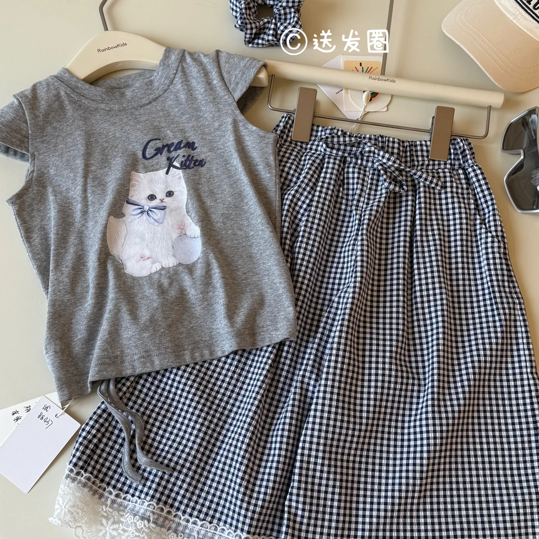 【彩虹家】2025夏款韩版卡通小猫咪T恤格子阔腿裤套装-88437