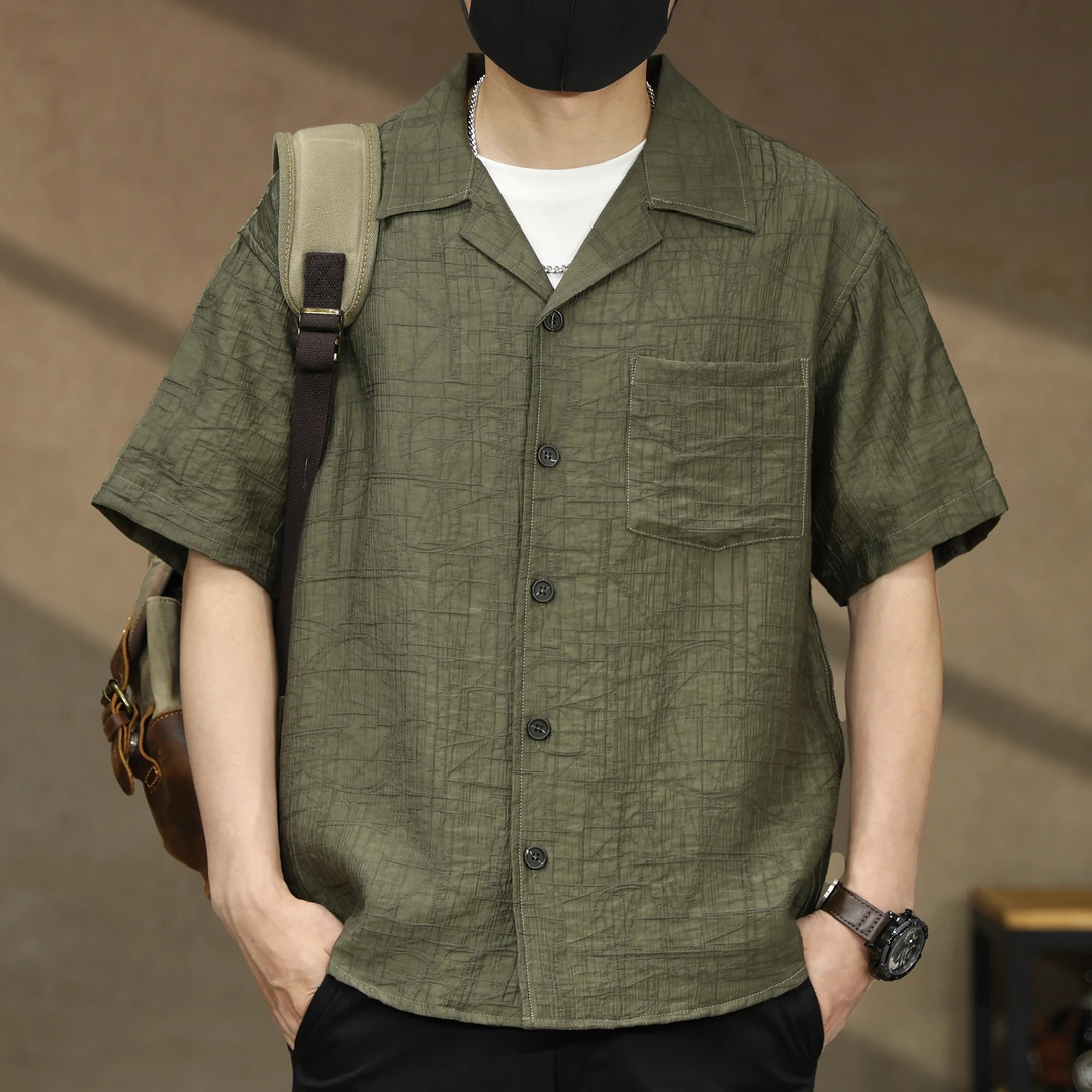 美式古巴领提花短袖衬衫男士夏季新款复古莱赛尔天丝衬衣外套男装