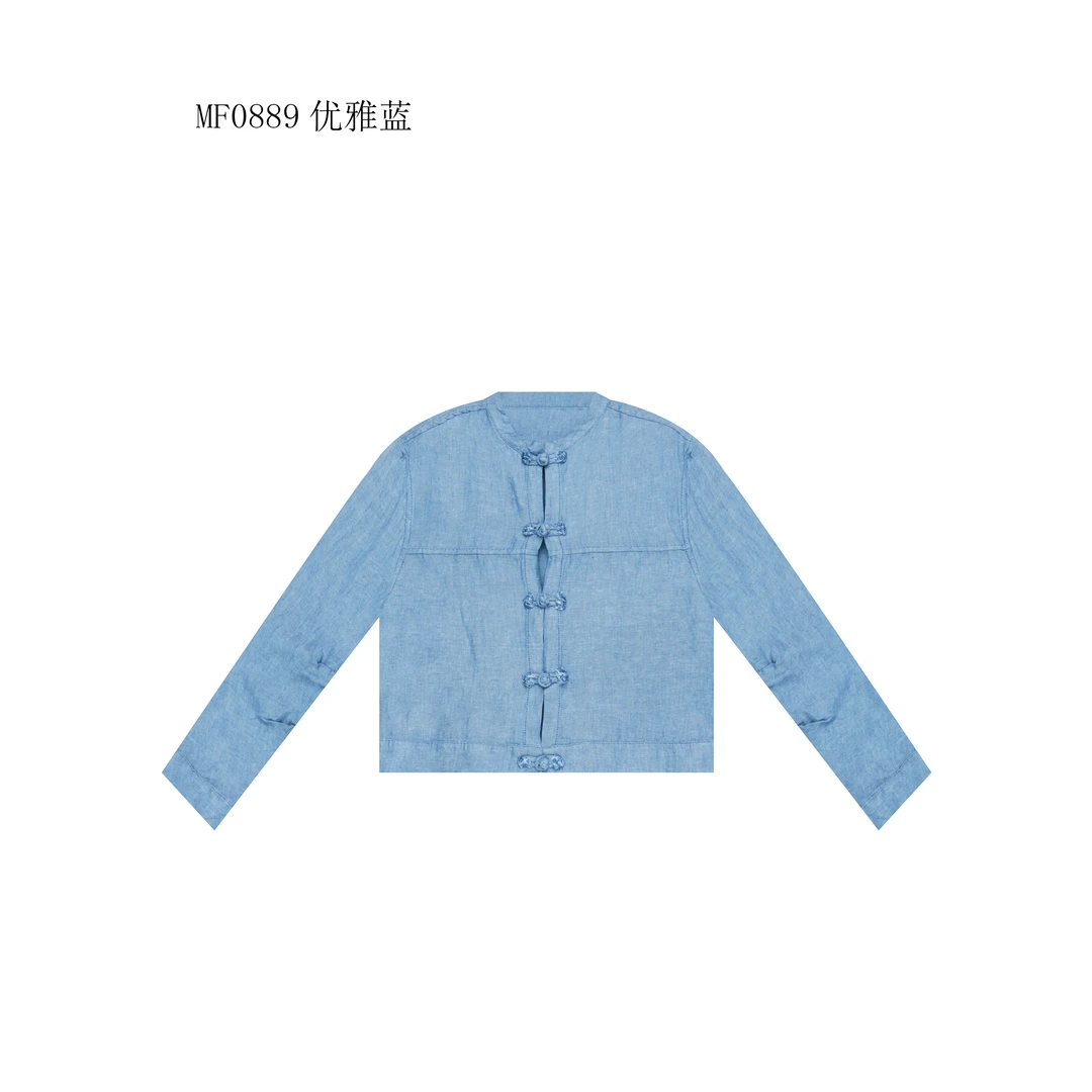 【麻訪家】MF0889优雅蓝文艺简约盘扣百搭长袖开衫上衣