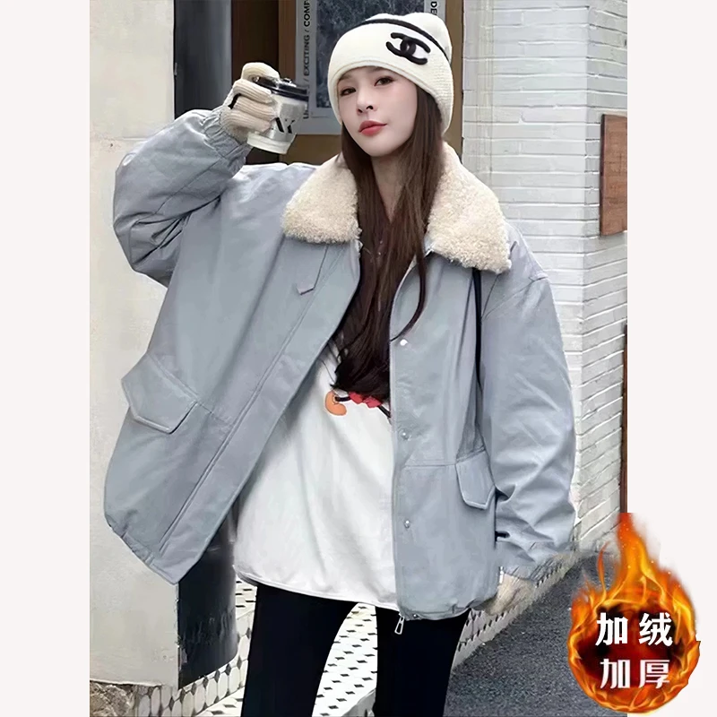 加绒加厚仿羊羔毛派克服女2025冬季韩版宽松冲锋衣棉服