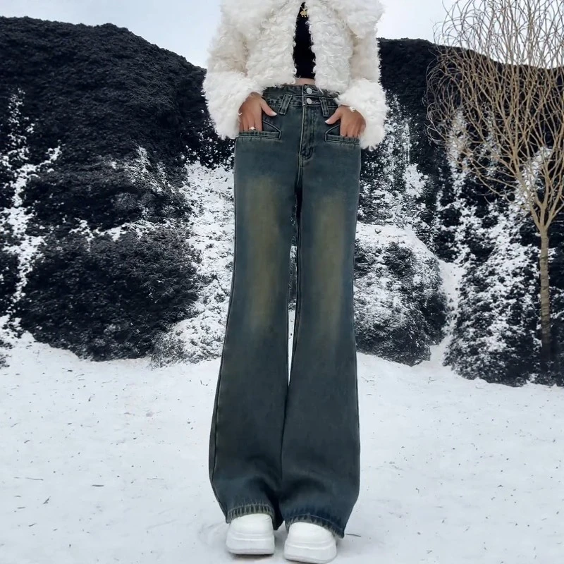 秋冬新款复古百搭窄版微喇裤大码女装高腰显瘦加绒加厚牛仔喇叭裤