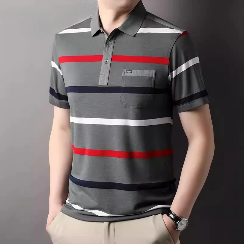 Louis Fordea/路易弗狄T恤男款条纹宽松翻领商务男装夏季短袖衬衫