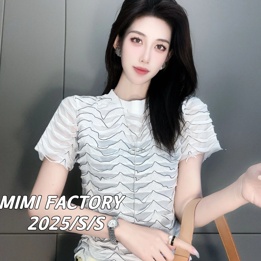 芈芈-2025夏季新款 欧货圆领波浪纹流苏短袖T恤女百搭上衣4392#