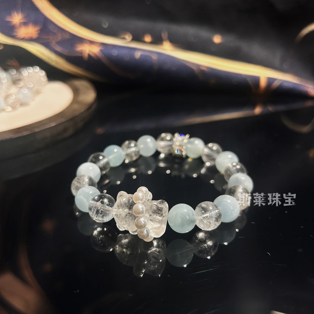 碧海晴空·小熊守护 | 海蓝宝×白水晶能量手串百搭手工气质简约