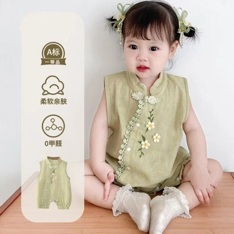 婴儿连体衣夏季宝宝新款无袖衣服夏装哈衣国风中国百天满月周岁