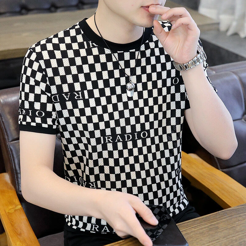 欧货男士短袖t恤夏季高档薄款格子冰丝半袖体恤透气冰感休闲上衣