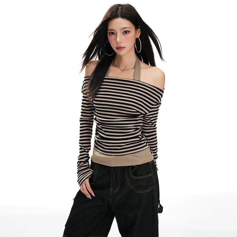 早秋新款*美式条纹假两件长袖女设计感小众修身显瘦一字肩上衣