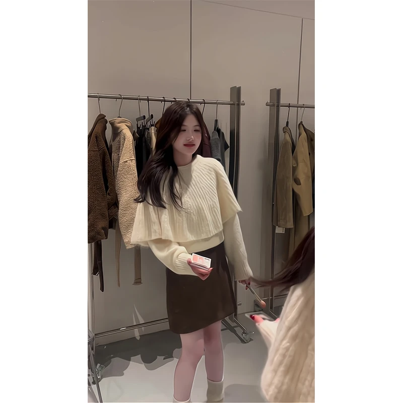 2025新款女士秋季韩系温柔风假两件披肩斗篷针织衫上衣高腰半身裙