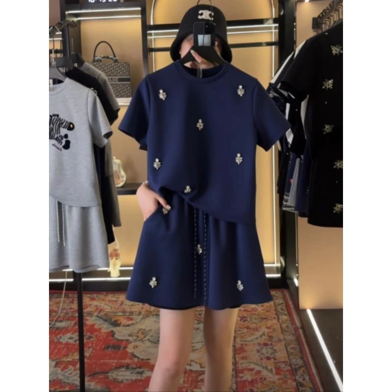 【宠粉价】水钻珠花夏季新款短袖大码微胖显瘦套装裙TZ-23