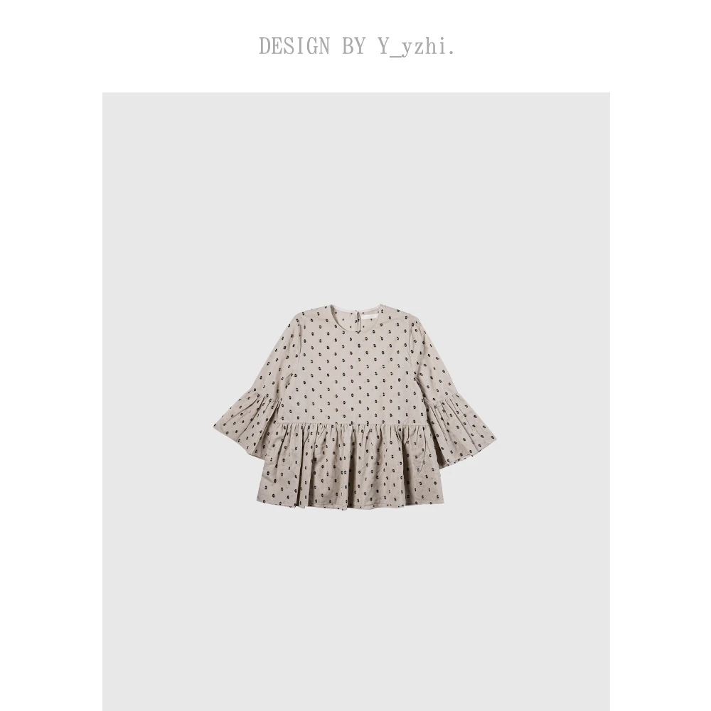 Y_yzhi  远行 | 浅米色秋季新品波点花苞袖七分袖米白色简约上衣