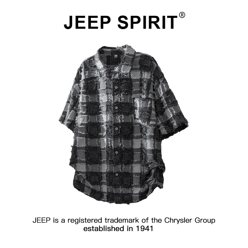 JEEPSPIRIT吉普小香风毛边流苏格子短袖衬衫男夏季高级感休闲衬衣