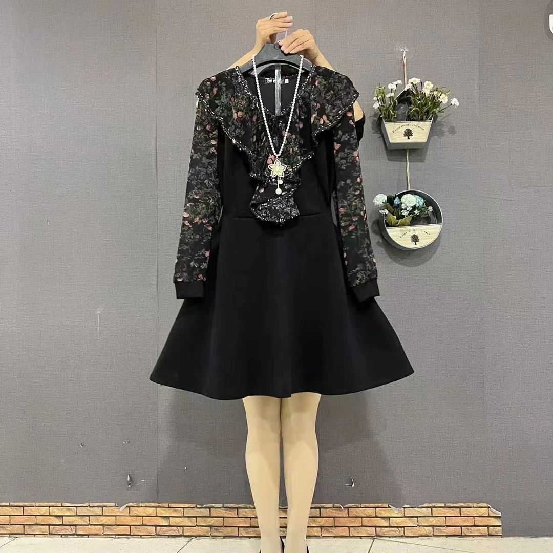 时尚拼接显瘦V领长袖大码连衣裙荷叶边娃娃领不褪色松紧腰网红