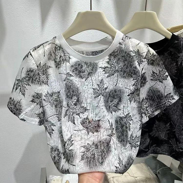 522/99872/19-9   复古水墨树叶印花短袖t恤女