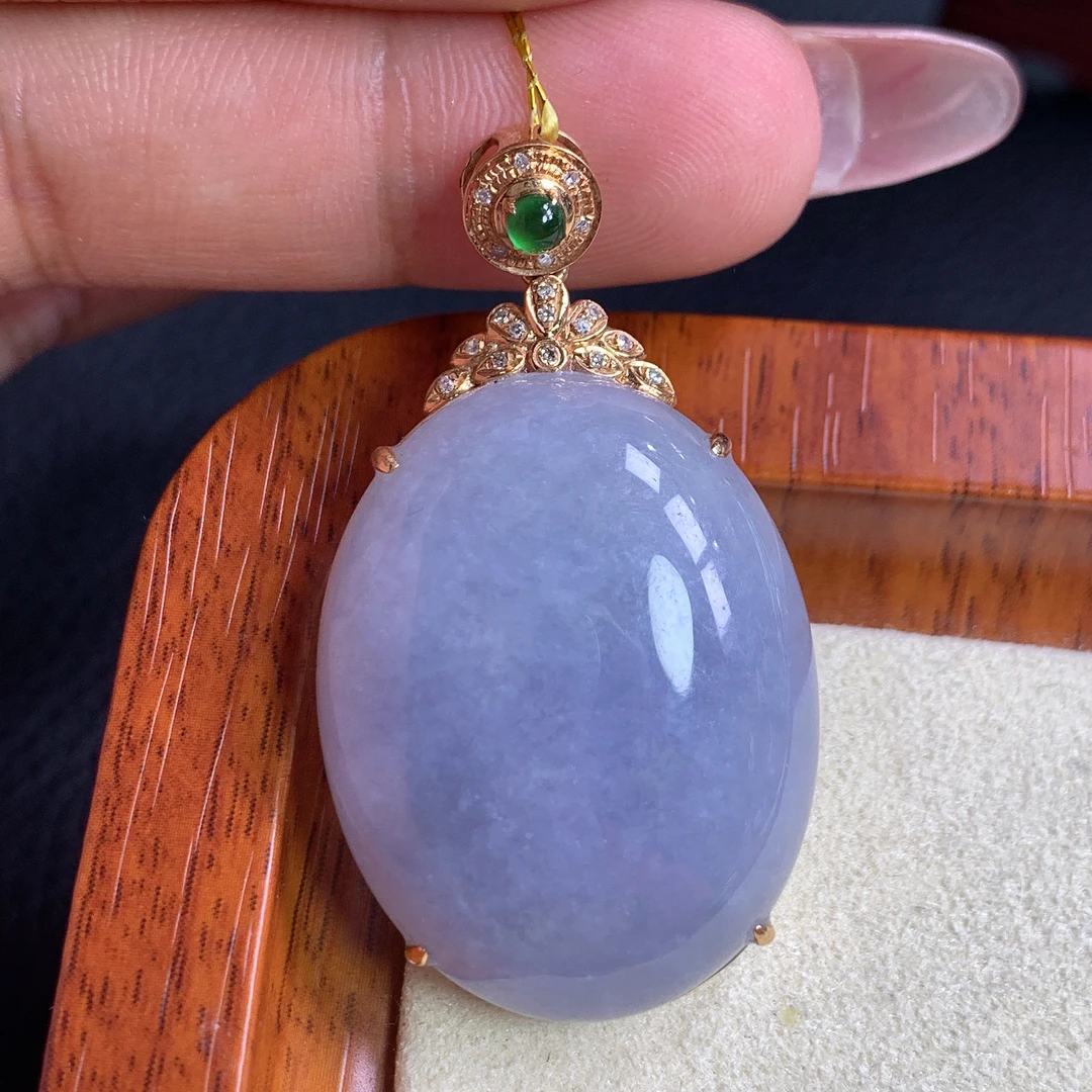 天然缅甸A货翡翠18k金镶j浓紫罗兰大蛋面吊坠a800卡30/23.3/8.9mm