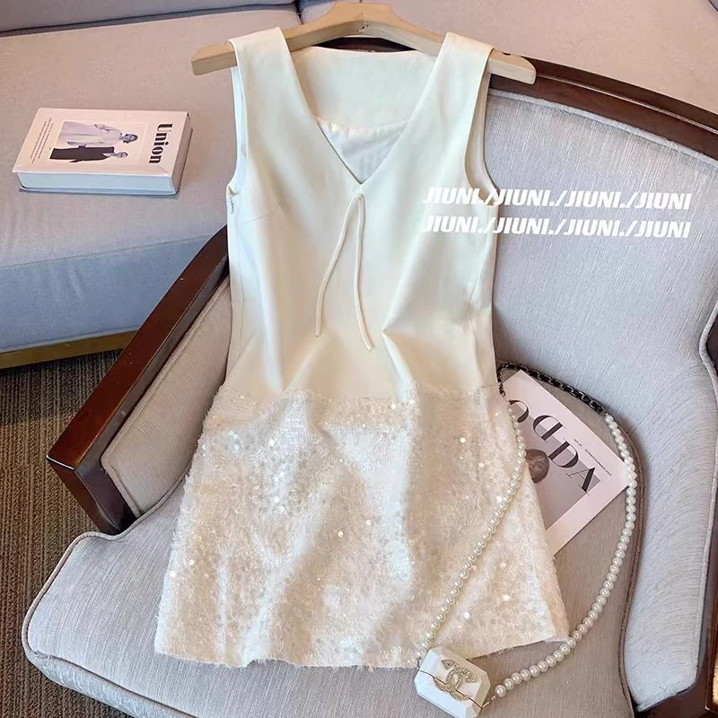 【钟钟shop】名媛千金感拼接亮片无袖连衣裙温柔风修身小个子背心裙