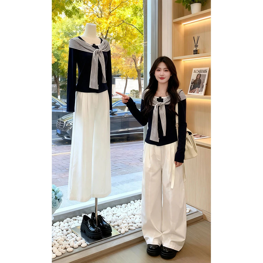 韩系学院风假两件条纹披肩长袖t恤女秋季修身显瘦巨好看打底上衣