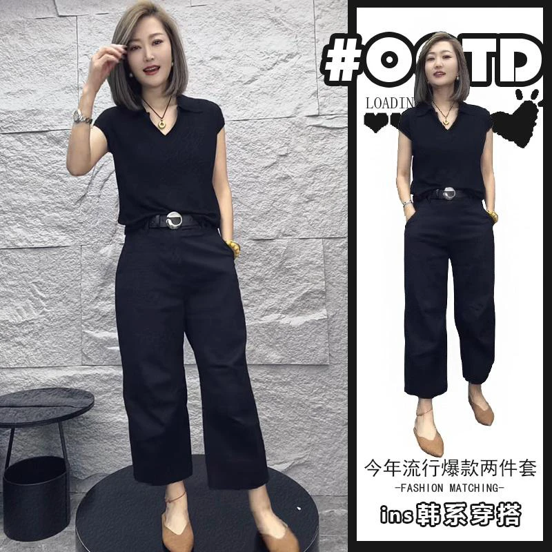 设计感别致海鸥领黑色显瘦上衣韩版宽松休闲裤欧美气质辣妹套装潮