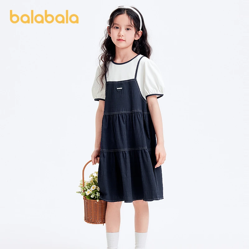 巴拉巴拉女童裙子儿童连衣裙夏装中大童假两件轻薄裙子时尚洋气