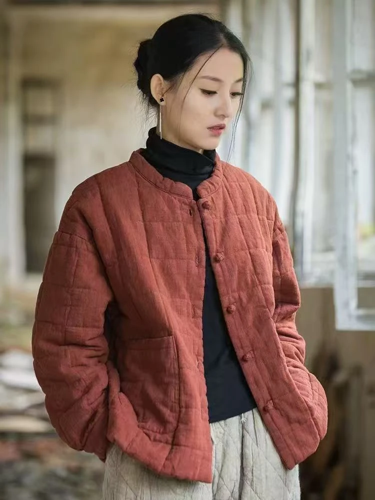 冬季棉麻女装文艺个性保暖棉服新款苎麻夹棉衔缝方格时尚女士棉衣