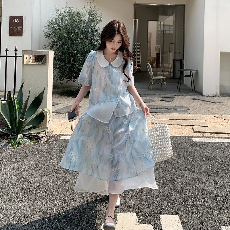 新中式风娃娃领碎花半身裙套装女夏2025新款小个子温柔风两件套