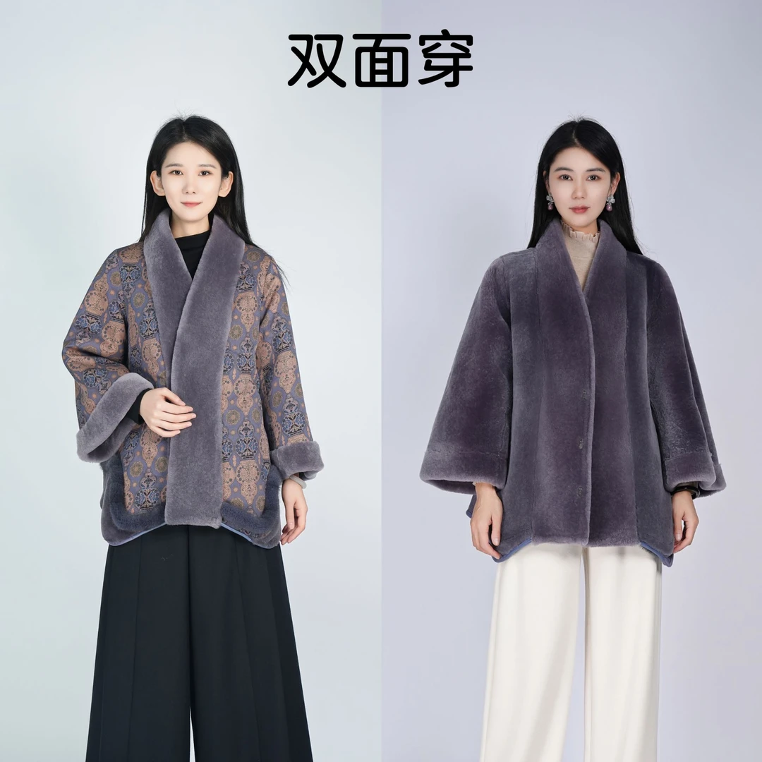 【全真丝+百分百羊剪绒】国风桑蚕丝秋冬系带隐云涧大衣HDSS050760