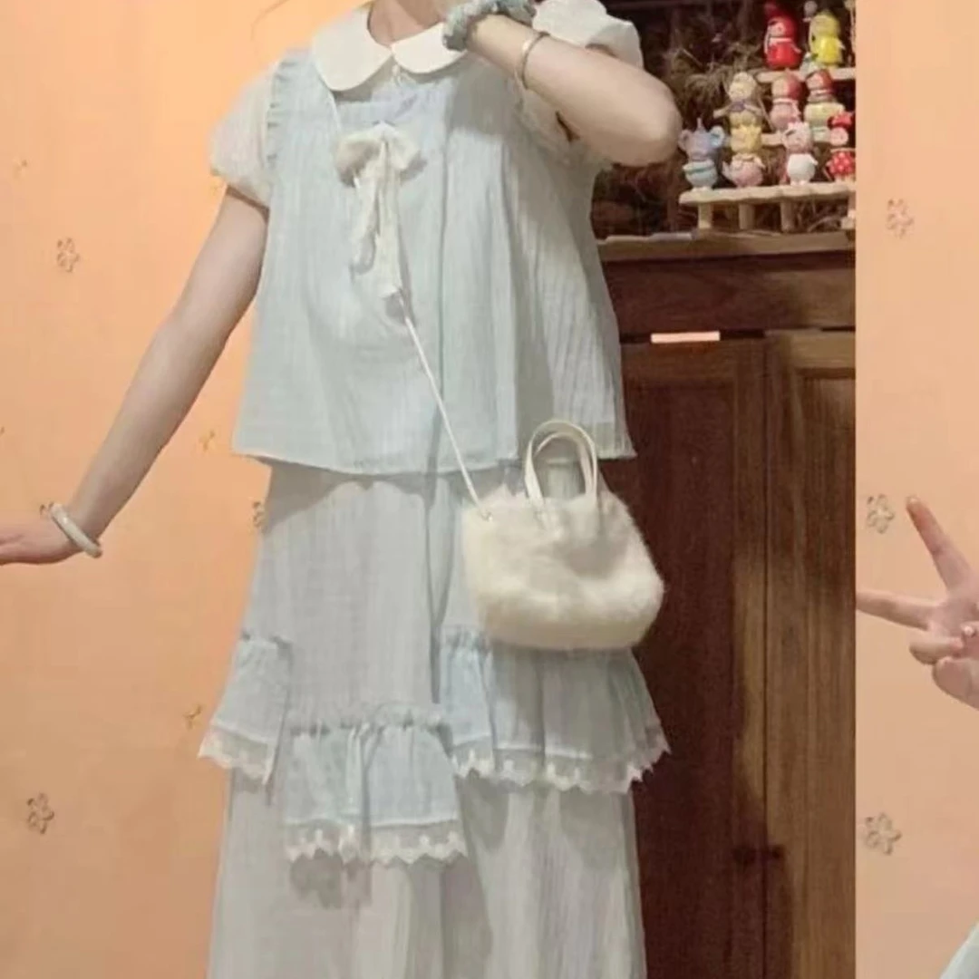 8836少女甜妹三色夏季小飞袖衬衫套装