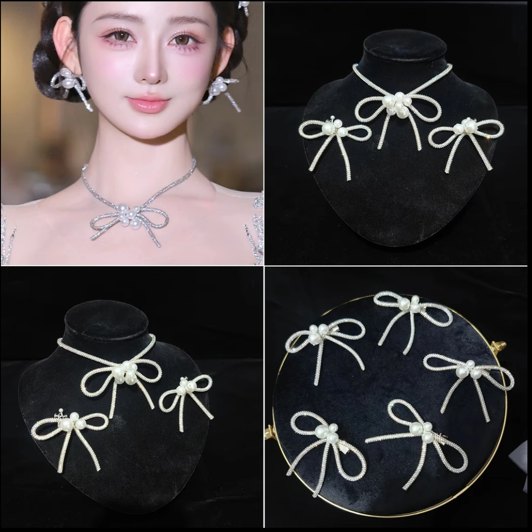 新款礼服满钻珍珠蝴蝶结新娘头饰简约韩式网红白纱