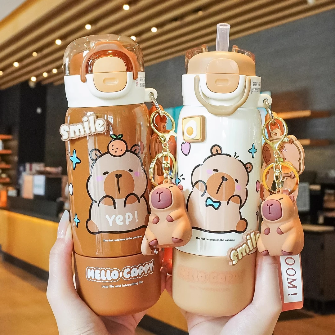 奇怡卡皮巴拉儿童保温杯小学生上学专用可放书包侧兜水杯吸管杯子