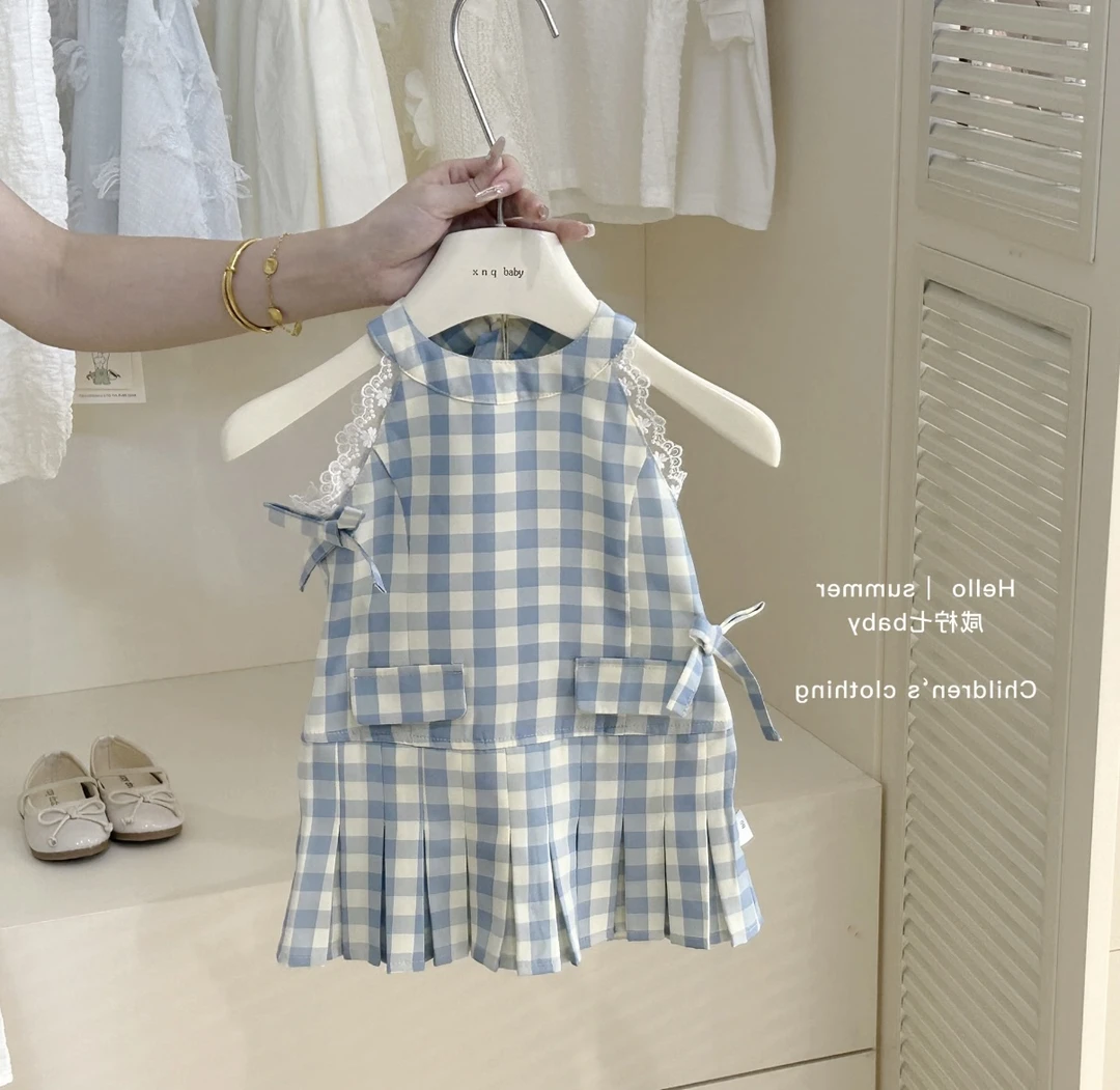 T型A字裙夏季公主风女格子连衣裙百褶裙千金风